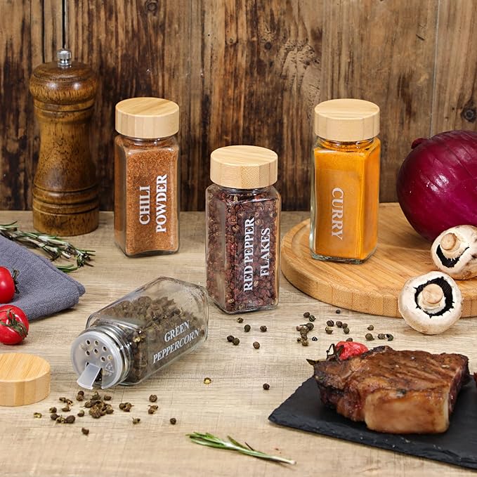 NETANY 24 Pcs Glass Spice Jars with Bamboo Lids, 4 oz Glass Jars with Minimalist Farmhouse Spice Labels Stickers, Collapsible Funnel, Seasoning Storage Bottles for Spice Rack, Cabinet, Drawer - Image 4