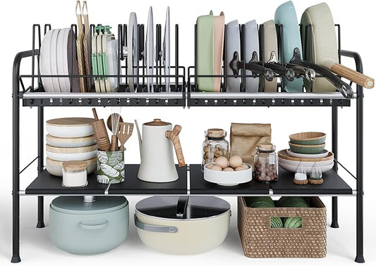 NETEL Adjustable Under Sink Organizers and Storage,Pots and Pans Organizer Under Kitchen Cabinet,Pan Lid Organizers Inside Cabinet,Expandable Cabinet Storage Shelf with Pan Rack and 14 Dividers