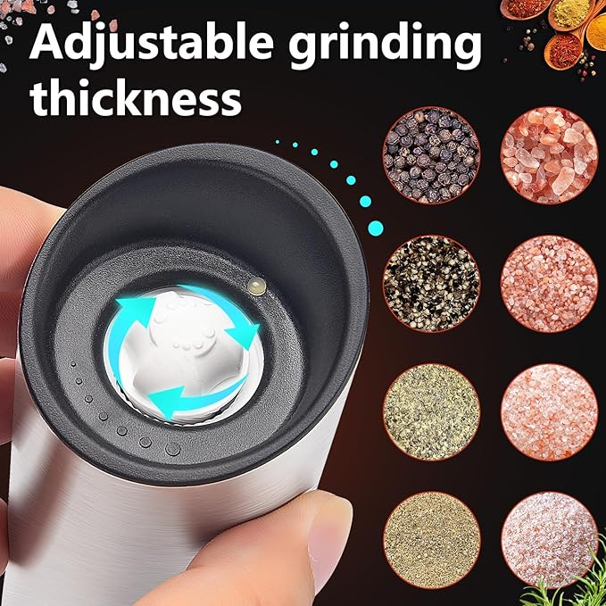 Electric Salt and Pepper Grinder Set - USB Rechargeable Gravity Salt and Pepper Shakers, Automatic Glass Mill with Adjustable Coarseness, LED Light, One-Hand Operation for Kitchen & Dining - Image 5