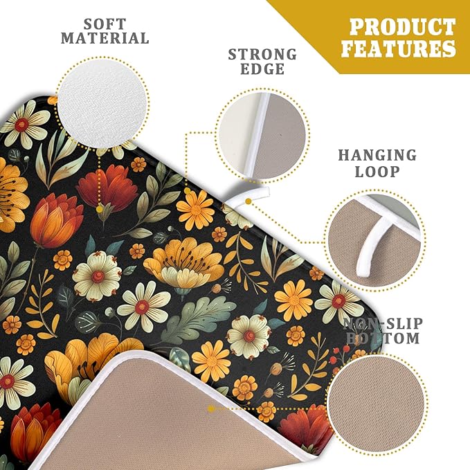 Vintage Boho Floral Dish Drying Mat for Kitchen Counter,Yellow Beige Black Spring Flower Drying Mat 16 x18 Inch with Absorbent Reversible Microfiber Drying Pad for Coffee Bar - Image 4