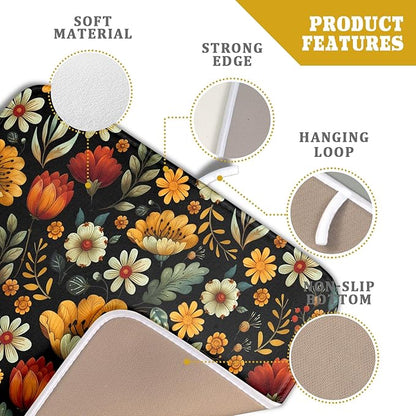 Vintage Boho Floral Dish Drying Mat for Kitchen Counter,Yellow Beige Black Spring Flower Drying Mat 16 x18 Inch with Absorbent Reversible Microfiber Drying Pad for Coffee Bar - Image 4