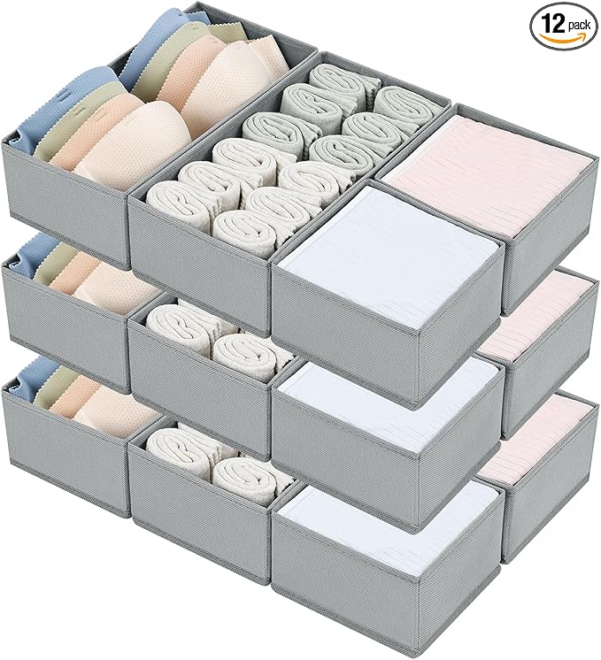 DIMJ Drawer Organizers for Clothing, Set of 12 Dresser Drawer Organizers, Fabric Closet Organizers and Storage, Drawer Dividers for Baby Clothes, Socks, Belt, Tie (Grey) by DiMJ