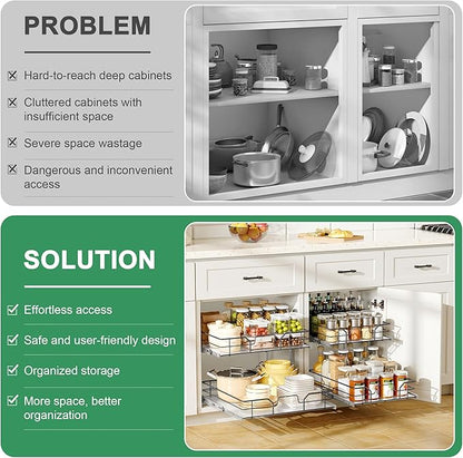 2-Tier Pull Out Cabinet Organizer (8" W x 22" D), Soft Close Cabinet Slide Out Shelves, Heavy Duty Slide Out Drawers with Shelf Liner for Kitchen Cabinets, Pantry Storage, Bathroom