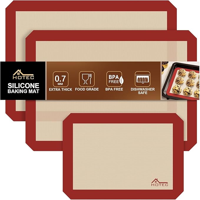 HOTEC Silicone Baking Mats 3 Pack – Thickened Non-Stick Reusable Silicone Baking Sheets for Oven – Cookie & Macaron Mats – 2 Half Sheet + 1 Quarter Sheet – BPA-Free, Dishwasher Safe by Hotec