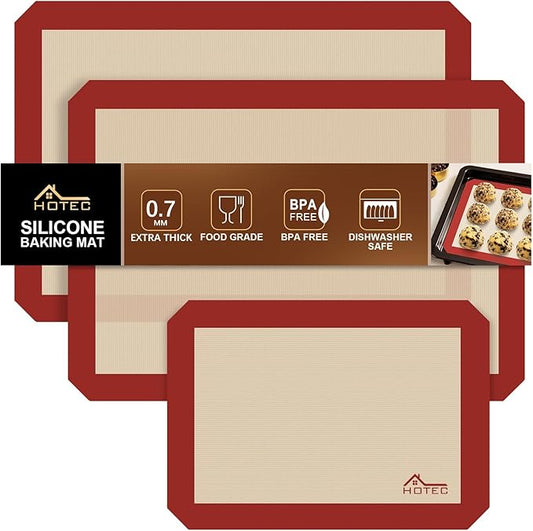 HOTEC Silicone Baking Mats 3 Pack – Thickened Non-Stick Reusable Silicone Baking Sheets for Oven – Cookie & Macaron Mats – 2 Half Sheet + 1 Quarter Sheet – BPA-Free, Dishwasher Safe by Hotec