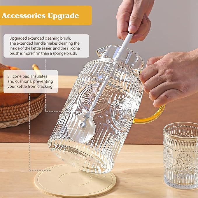 2 Pack Vintage Glass Pitchers with Lid, 68oz/ 2 Liter Glass Water Pitcher with Handle and Lid for Fridge, Iced Tea, Coffee, Borosilicate Glass Carafe for Hot/Cold Brew Drink