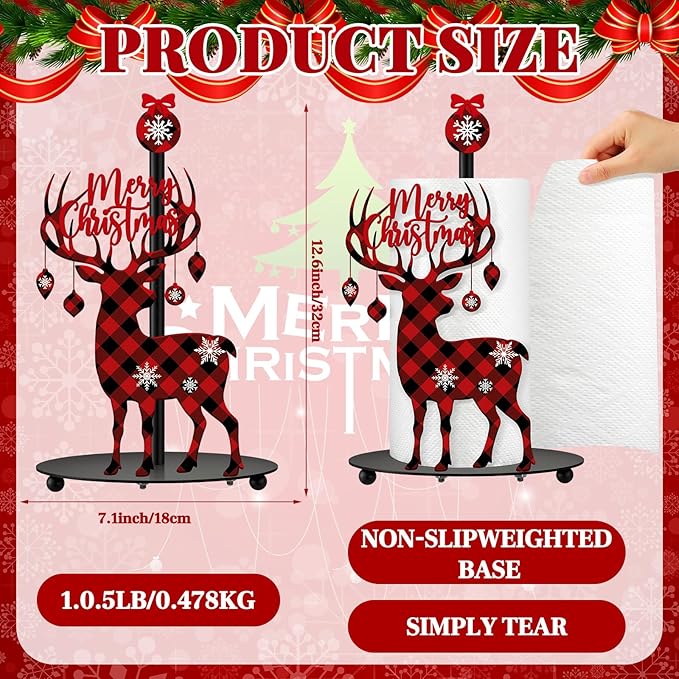 Thyle Christmas Paper Towel Holder with Round Base Reindeer Buffalo Plaid Christmas Bathroom Decor Rustic Elk Family Dispenser Kitchen Paper Holder Stand for Winter Xmas Countertop Home Accessories
