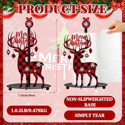 Thyle Christmas Paper Towel Holder with Round Base Reindeer Buffalo Plaid Christmas Bathroom Decor Rustic Elk Family Dispenser Kitchen Paper Holder Stand for Winter Xmas Countertop Home Accessories