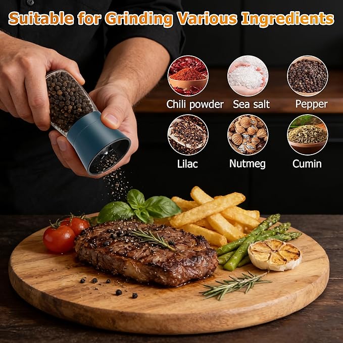 R DRURLCD Stone Blue Salt and Pepper Grinder Set of 2 - Manual Glass & Stainless Steel Mills, Adjustable Coarseness Spice Grinders with Ceramic Blades for Kitchen Decor & Outdoor Use