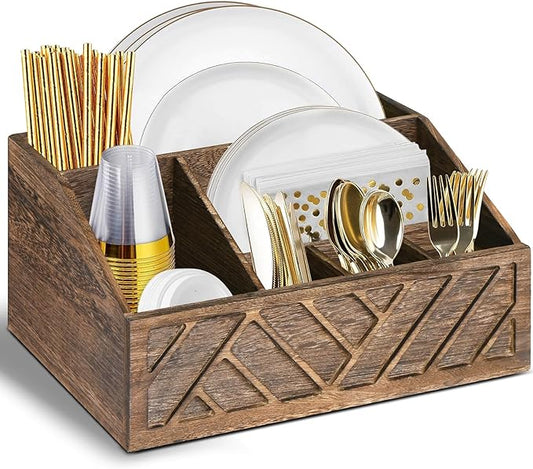 Ukonvi Paper Plate Dispenser, Paper Plate Holder for Kitchen Counter, Wood Rustic Silverware Utensil Caddy, Cutlery Flatware Organizer Box for Cups Spoons Forks Plates Napkins, Kitchen Accessories