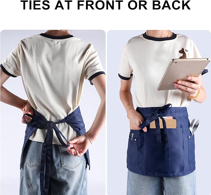 Server Apron with 5 Pockets - Rivet buckle Unisex Short/Half Waiter Waist Short Apron