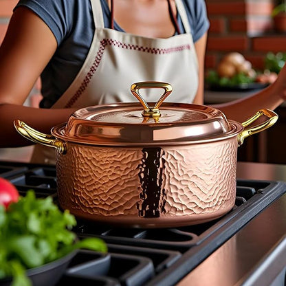 YJX 6.7QT Hammered Stock Pot with Lid, Copper Rose Gold, Tri-Ply Stainless Steel, Multi-Functional Cookware for Bake Roast Braise Saute, Magnetic Base, Dishwasher and Oven Safe (30CM)