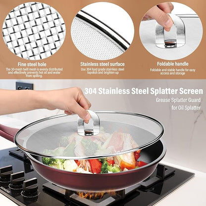 3 Pack Splatter Screen for Frying Pan 13" 11.5" 9.8" Stainless Steel Grease Splatter Guard Ultra Fine Mesh Lids with Fold Flat Knob Set for Prevent Oil Splatter - Image 3