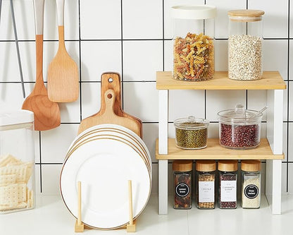 Marsui 4 Pcs Kitchen Organizer Accessories Set Cabinet Organizer Shelf and Bamboo Dish Drying Plate Rack Counter Shelves Storage Holder for Spice Rack, Dish, Pot Lid, Bowl, Cup(Wooden Color) - Image 5