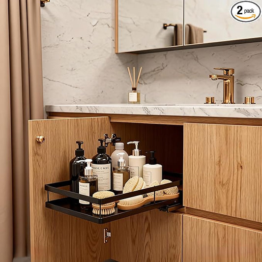 Under Sink Organizer, Dual-Rail Ball-Bearing, Under Kitchen Sink Organizer, 6-Level Adjustable, Under Cabinet Organizer, No-Drill Adhesive/Suction, Under Sink Storage (Black, Single Layer - 1 Pack)