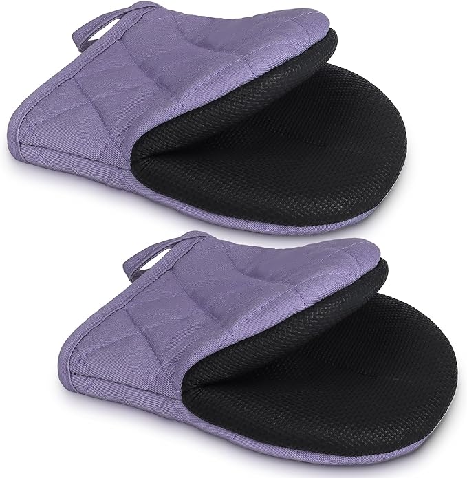 1 Pair Short Oven Mitts - Silicone Kitchen Oven Gloves High Heat Resistant 500℉, Mini Oven Mits with Non-Slip Grip Surfaces and Hanging Loop for BBQ, Baking, Cooking and Grilling (Purple) by Qulable