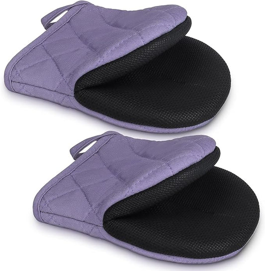 1 Pair Short Oven Mitts - Silicone Kitchen Oven Gloves High Heat Resistant 500℉, Mini Oven Mits with Non-Slip Grip Surfaces and Hanging Loop for BBQ, Baking, Cooking and Grilling (Purple) by Qulable