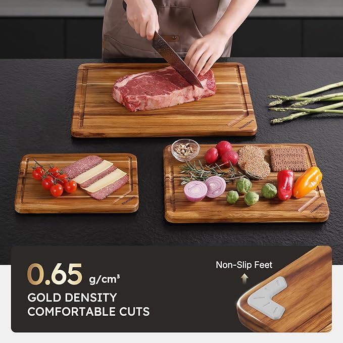 3 Pack Teak Wood Cutting Board Set for Kitchen High-End Non Toxic Non Slip Over Sink Solid Thick Wood Haus Chopping Board Extra Large Big Small Best Kitchen Essential House Warming Hostess Host Gift - Image 5