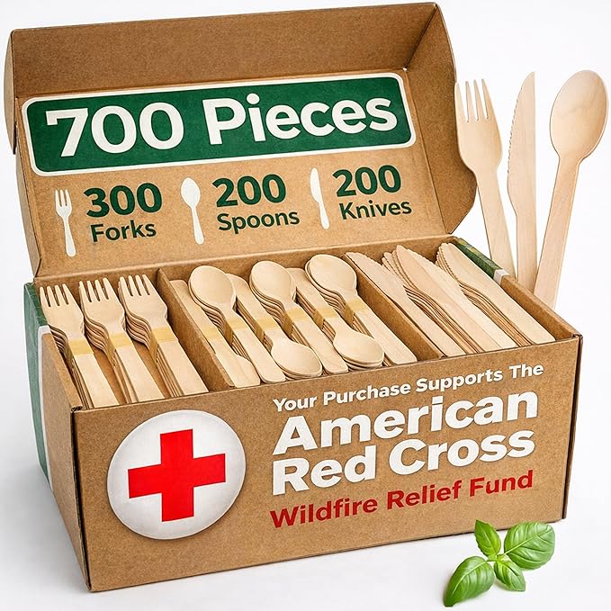 700 PCS Wooden Cutlery Set - 100% Compostable Silverware (300 Forks, 200 Spoons, 200 Knives) - Eco-Friendly Wooden Utensil Set & Disposable Party Utensils, Alternative to Bamboo Cutlery by EsEssentials