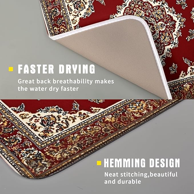 Giwawa Vintage Boho Dish Drying Mat Antique Tribal Rustic Red Floral Dish Drainer Mats 16"x18" Ethnic Carpet Microfiber Reversible Dish Drying Rack Pad Protector for Kitchen Countertop Decor