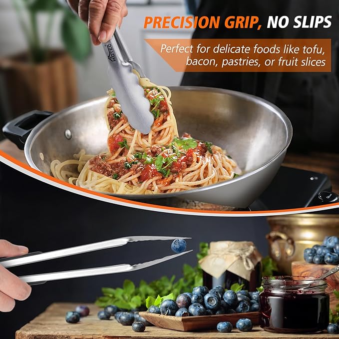 Hotec Stainless Steel Kitchen Tongs, Set of 2-9", Locking Metal Food Tongs for Cooking, Serving, BBQ, Grill Non-Slip Grip - Image 6