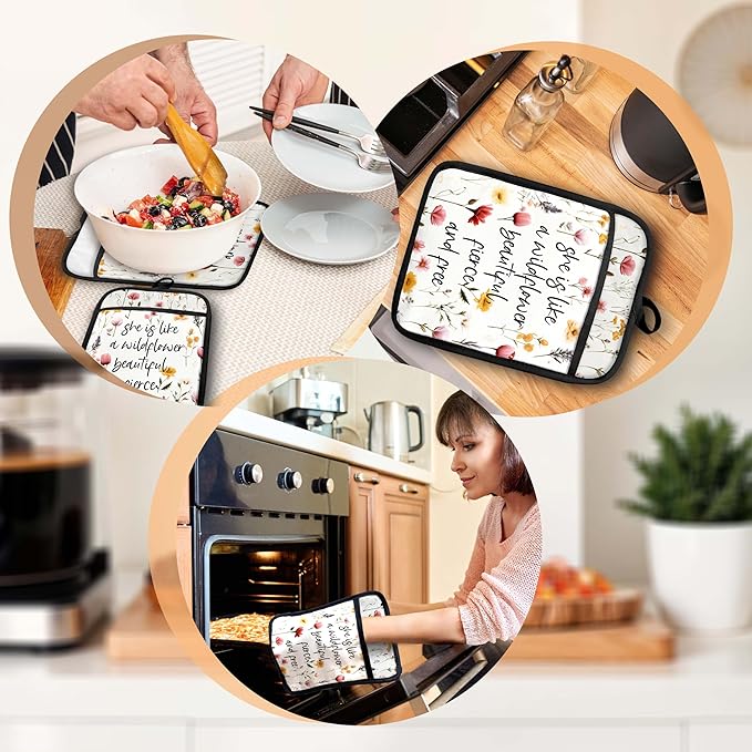 Inspirational Floral Pot Holders with Pockets, She is Like a Wildflower Oven Pot Holders Heat Resistant Oven Mitts Hot Pads for Kitchen Baking Cooking