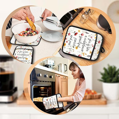 Inspirational Floral Pot Holders with Pockets, She is Like a Wildflower Oven Pot Holders Heat Resistant Oven Mitts Hot Pads for Kitchen Baking Cooking