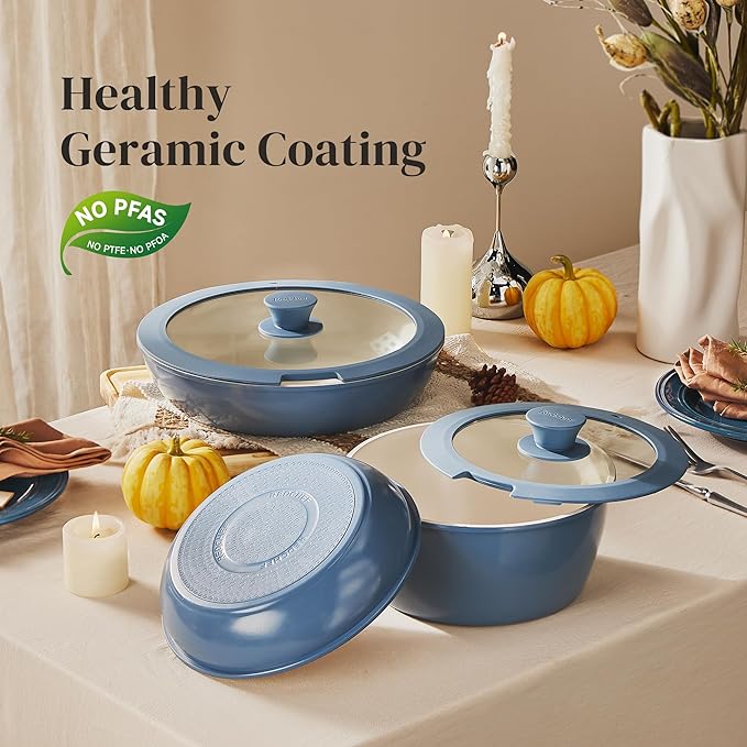 Redchef Ceramic Cookware Set, Removable Handle Pots and Pans Non-Stick, Rv Cookware Set, Non-Toxic Pots and Pans Set No PFAS, PTFE, PFOA, Detachable Pots and Pans, Dishwasher & Oven Safe(Blue) - Image 5