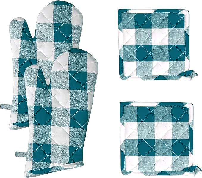 Native Fab Buffalo Plaid Check Oven Mitts and Pot Holders Set of 4, 100% Cotton Heat Resistant Kitchen Gloves, 2 Oven Mitts (7x13), 2 Pot Holders (8x8) for Cooking & Baking, Teal Green White by NativeFab