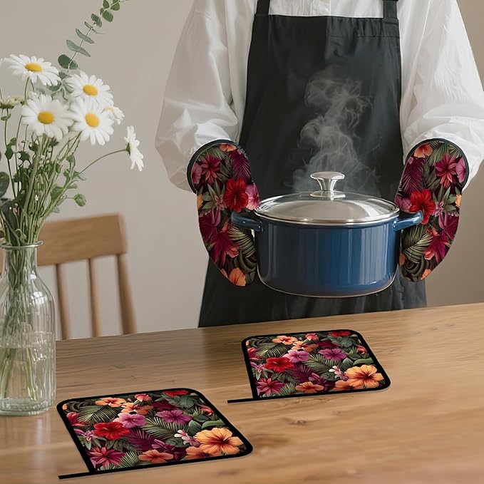 Tropical Palm Leaf Oven Mitts and Pot Holders Set,Hibiscus Kitchen Oven Gloves and Pot Holder with Heat Resistant Non Slip for Cooking Baking Grilling(4 Piece Set)