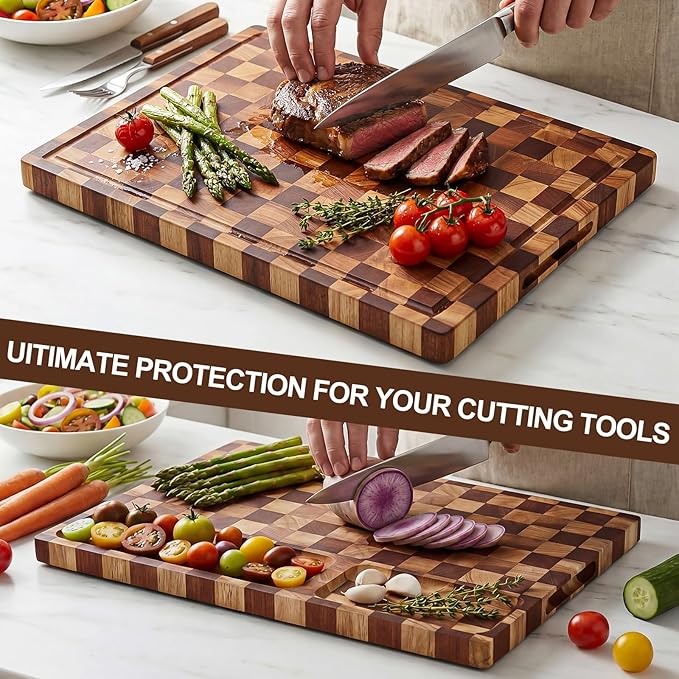 Checkered Cutting Board with Stand, Dual-Sided Wood Cutting Board with Juice Groove, 16.5x11.6 Inch Butcher Block Serving Tray, Chopping Board for Kitchen Gifts