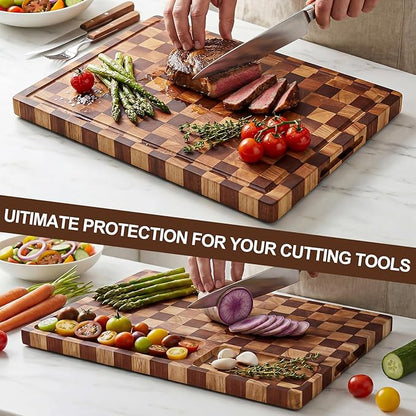 Checkered Cutting Board with Stand, Dual-Sided Wood Cutting Board with Juice Groove, 16.5x11.6 Inch Butcher Block Serving Tray, Chopping Board for Kitchen Gifts