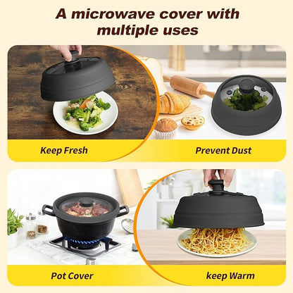 Microwave Splatter cover, Glass Microwave Cover for Food, 11.8 inch Guard Lid with Collapsible Silicone for 6-11 inch Plates & Bowls, Dishwasher Safe, 450°F Heat Resistant, BPA-Free, Black