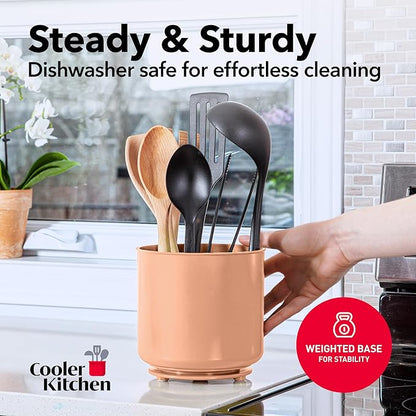 Cooler Kitchen Jumbo Rotating XL Peach Plastic Utensil Holder Caddy with Sturdy No-Tip Weighted Base, Removable Divider, and Gripped Insert - Dishwasher Safe Kitchen Utensil Holder for Countertop - Image 4