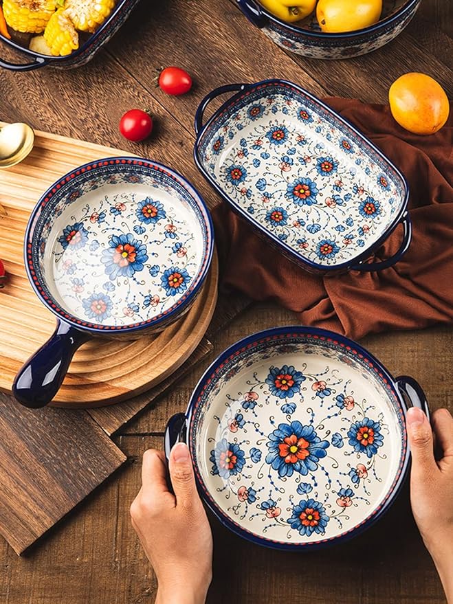Blue and Orange Flower Vintage Style Ceramic Bakeware Casserole Lasagna Pans Baking Dish with Handles for Oven/Cooking/Kitchen-1 PCS-32 OZ - Image 4