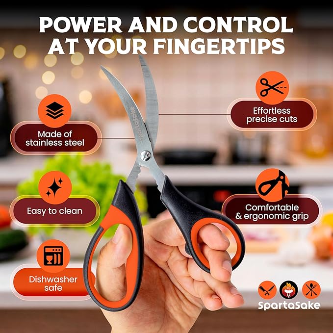 SpartaSake 2-Pack Premium Stainless Steel All Purpose Kitchen Shears with Sleeve - Heavy Duty Ultra Sharp kitchen Scissors for Food-Multipurpose Food Scissors for Meat Poultry Vegetable (Black-Orange)