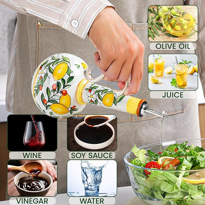 Ceramic Olive Oil Dispenser Bottle – 18.3 oz Oil Cruet with Spout and Handle, Lemon Pattern, 10.2” Tall – Non-Drip Pourer for Kitchen Counter, Salad Dressing, Vinegar, Decorative Oil Container - Image 3