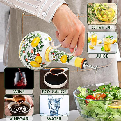Ceramic Olive Oil Dispenser Bottle – 18.3 oz Oil Cruet with Spout and Handle, Lemon Pattern, 10.2” Tall – Non-Drip Pourer for Kitchen Counter, Salad Dressing, Vinegar, Decorative Oil Container - Image 3