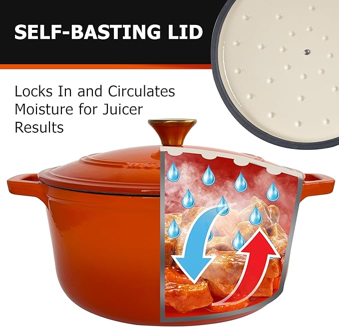 MUELLER HOME 6 Quart Enameled Cast Iron Dutch Oven for Bread Baking, Heavy-Duty Oven-Safe up to 500° F, & Across All Cooktops, House Warming Gifts New Home, Cast Iron Cookware, Gifts for Women, Orange - Image 4