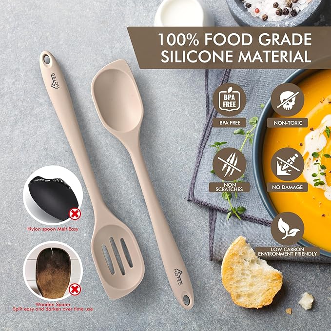 HOTEC Heat Resistant Silicone Cooking Spoon Spatula, Large Kitchen Solid and Slotted Spoons for Mixing, Serving, Scraping, Non-stick, Dishwasher Safe Khaki 12.5inch - Image 3