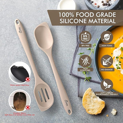 HOTEC Heat Resistant Silicone Cooking Spoon Spatula, Large Kitchen Solid and Slotted Spoons for Mixing, Serving, Scraping, Non-stick, Dishwasher Safe Khaki 12.5inch - Image 3