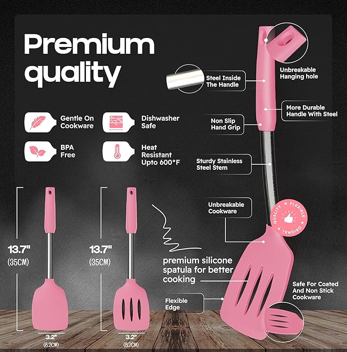 BakeRoyal Silicone Spatula Set - Turner Spatulas Silicone Heat Resistant 600°F - Slotted & Solid Spatula for Cooking Fish, Eggs, Pancakes Flipper – Spatulas for kitchen use – Pink - Image 2