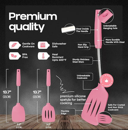 BakeRoyal Silicone Spatula Set - Turner Spatulas Silicone Heat Resistant 600°F - Slotted & Solid Spatula for Cooking Fish, Eggs, Pancakes Flipper – Spatulas for kitchen use – Pink - Image 2