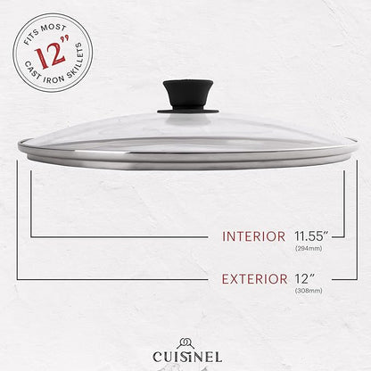 Cuisinel Cast Iron Skillet with Lid - 12"-Inch Frying Pan + Glass Cover + Silicone Handle Holder - PFAS and PFOA-free Pre-Seasoned Oven Safe Cookware - Indoor/Outdoor Use - Grill, BBQ, Fire, Stovetop