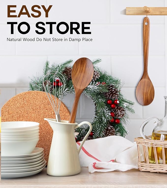 Wooden Spoons for Cooking, Natural Premium Teak Wooden Spoons, Good Grip Large Cooking Spoons and Wooden Spatula, Heat Resistant Wooden Cooking Utensils for Nonstick Cookware Serving, Perfect Gifts - Image 6