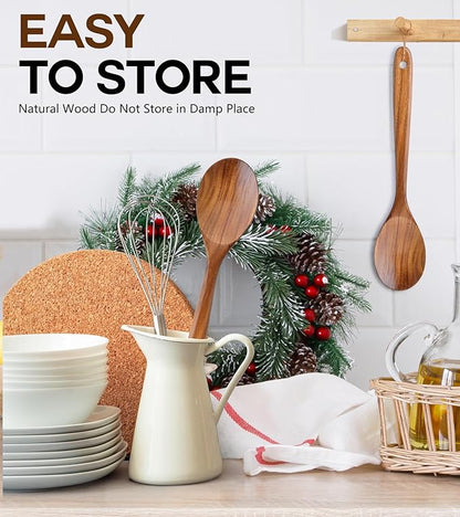 Wooden Spoons for Cooking, Natural Premium Teak Wooden Spoons, Good Grip Large Cooking Spoons and Wooden Spatula, Heat Resistant Wooden Cooking Utensils for Nonstick Cookware Serving, Perfect Gifts - Image 6