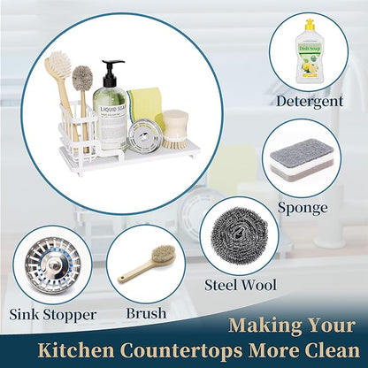 Consumest Sponge Holder for Kitchen Sink - Sink Caddy Organizer with Water Absorbing Stone Tray, Detachable Brush Holder, Stainless Steel Kitchen Counter Organizer Rack, White - Image 7