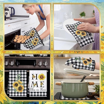 Bencailor 12 Pcs Farmhouse Sunflower Kitchen Decor and Accessories Sets 4 Black and White Check Kitchen Towels 4 Absorbent Dishcloths 2 Pot Holders 2 Oven Mitts Gloves for Home Decor Mom Gifts