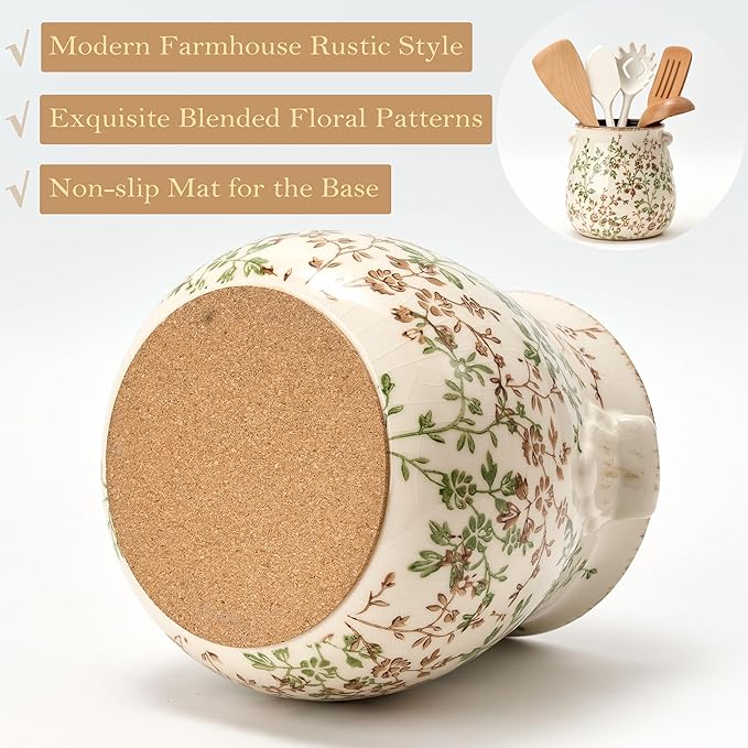 Utensil Holder for Kitchen Counter, Modern Farmhouse Rustic Cooking Utensil Holder and Crock, Exquisite Chinoiserie Floral Ceramic Utensil Organizer for Home Kitchen Decor- Green and Beige - Image 3