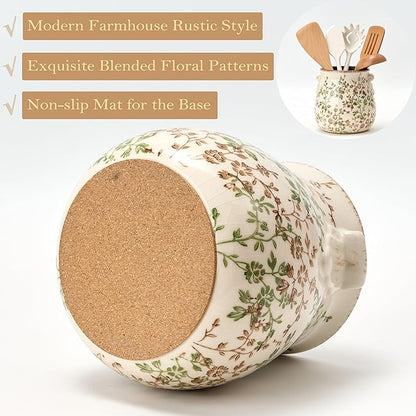 Utensil Holder for Kitchen Counter, Modern Farmhouse Rustic Cooking Utensil Holder and Crock, Exquisite Chinoiserie Floral Ceramic Utensil Organizer for Home Kitchen Decor- Green and Beige - Image 3